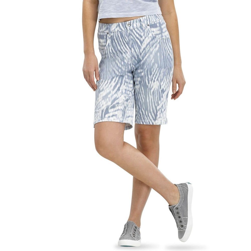HUE Womens Ultra-Soft Denim Ikat Zebra Bermuda Shorts Blue Small 4-6 Waist 26"